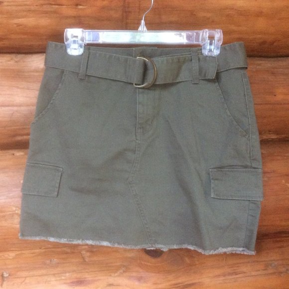 Mudd Army Green Khaki Y2K 90's Raw Hem Belted Retro Mini Skirt Junior Size 7 - Picture 1 of 5